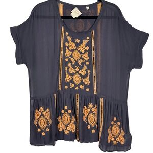 Vanessa Virginia Anthropologie Embroidered Boho Peplum Blouse Grey Yellow M